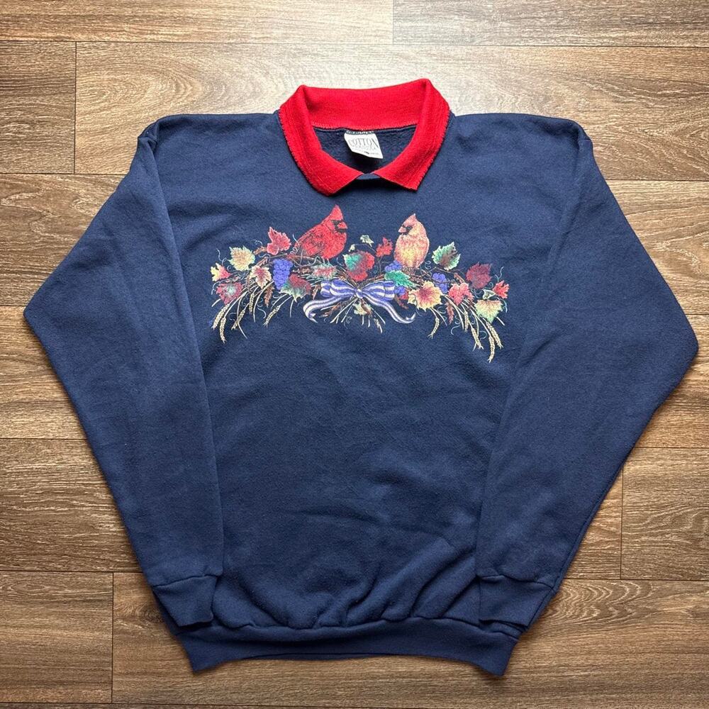 Navy Blue1990s Cardinal Crewneck Sweatshirt; Two Red Cardinals & Floral Design